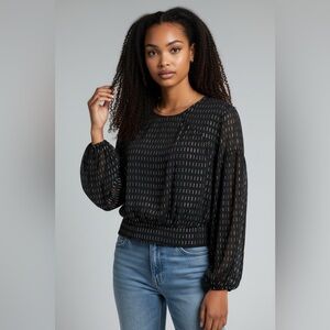 19 COOPER  Sheer Black with gold dash print balloon sleeve Blouse size XL